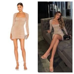 NWT Michael Costello REVOLVE Franky Mini Dress Taupe Size XS Ruched Long Sleeve